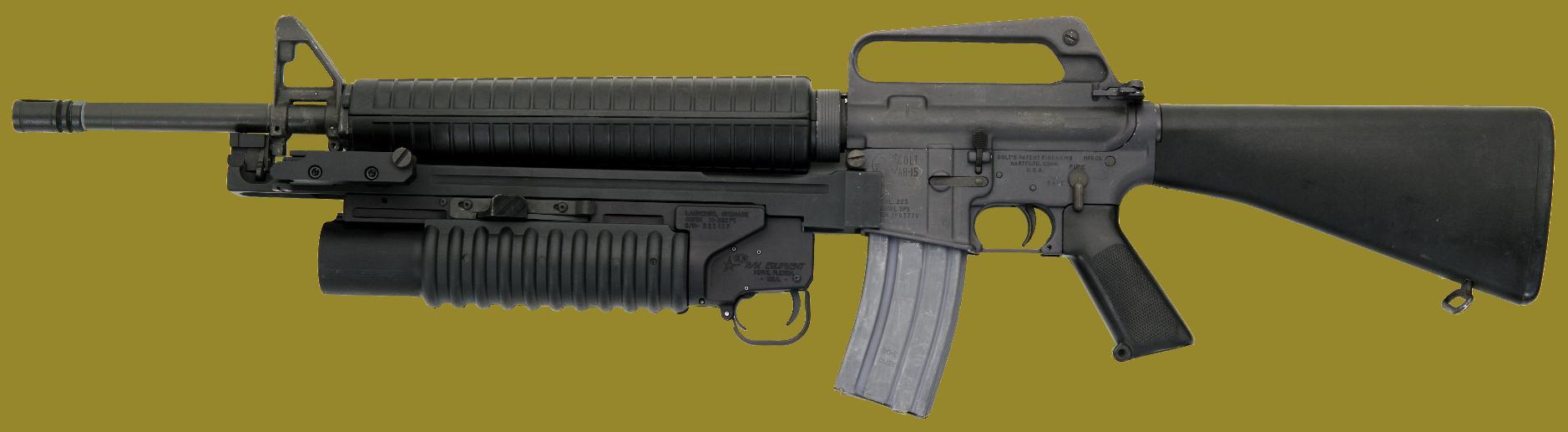 The M203 40mm grenade launcher on the M16 rifle - one version of the M203PI EGLM manufactured by RM Equipment, Inc.
